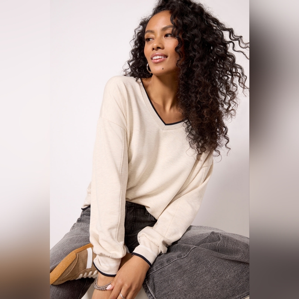 Evereve Z Supply Elena V-Neck Sweatshirt Small Beige Pullover Lounge Cozy Casual - Picture 2 of 7